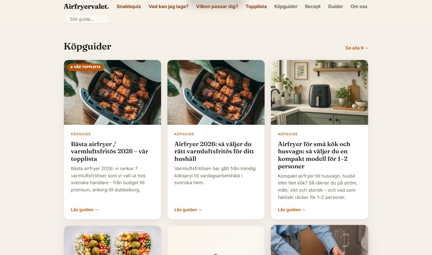 Airfryervalets köpguider med matbilder och en airfryer i ett kök.