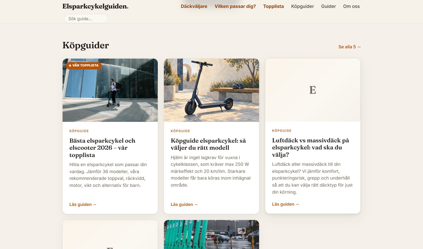 Elsparkcykelguidens köpguider med bilder på elsparkcyklar och länkar till fördjupning.