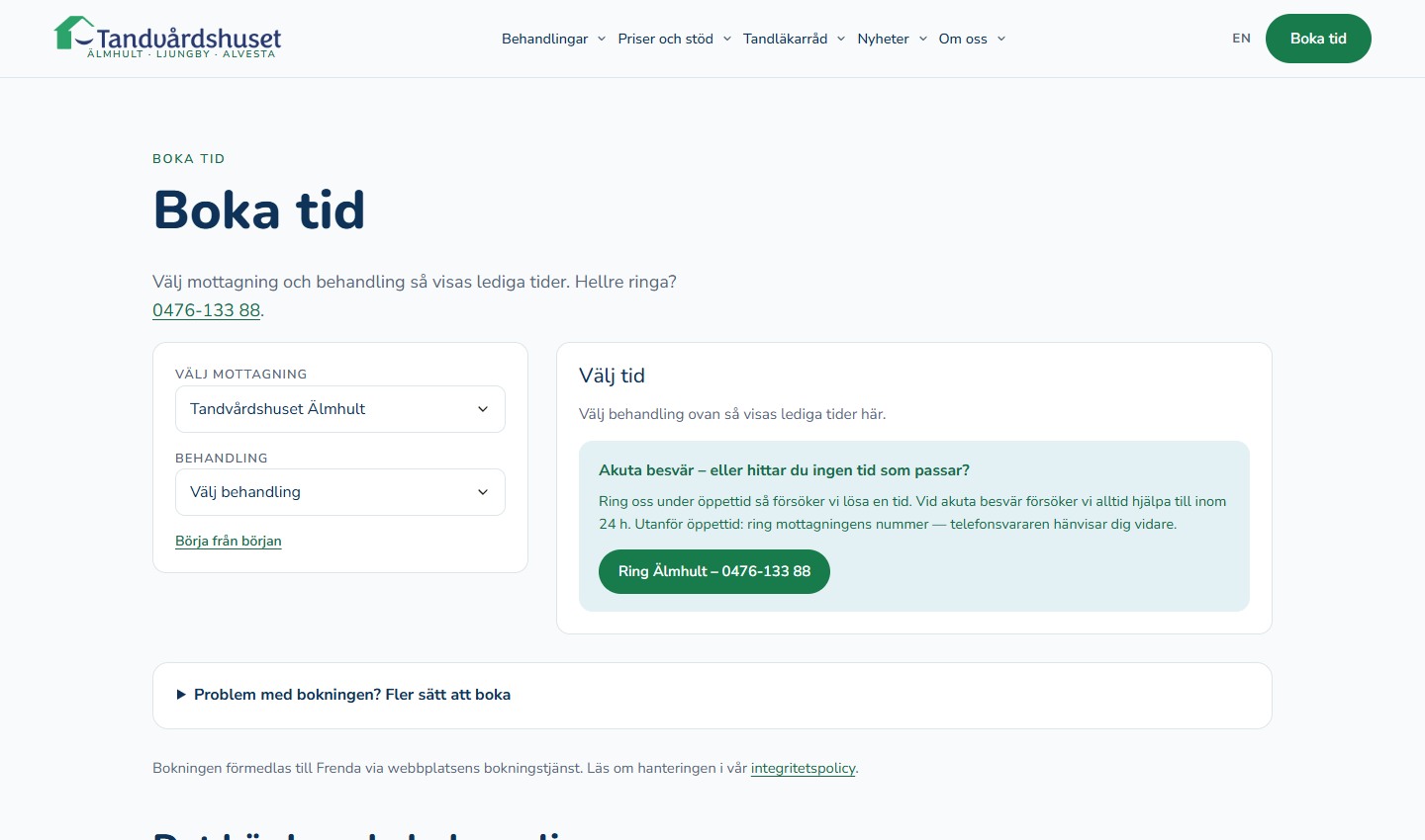 Tandvårdshusets bokningssida med val av mottagning och behandling.