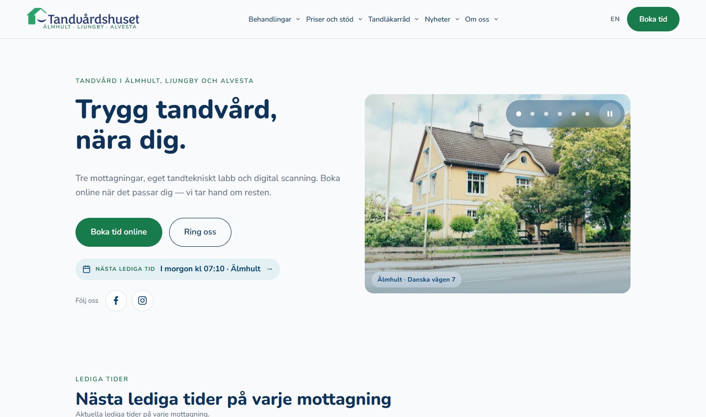 Tandvårdshusets startsida med en bild av mottagningen och knappar för bokning och kontakt.