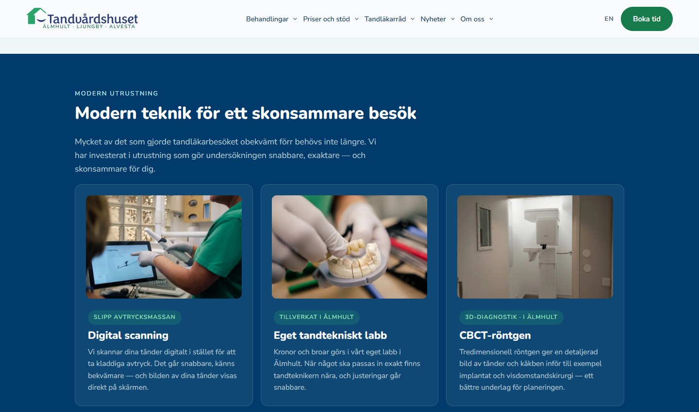 Närbild av Tandvårdshusets sektion med foton av digital scanning, tandtekniskt labb och röntgen.